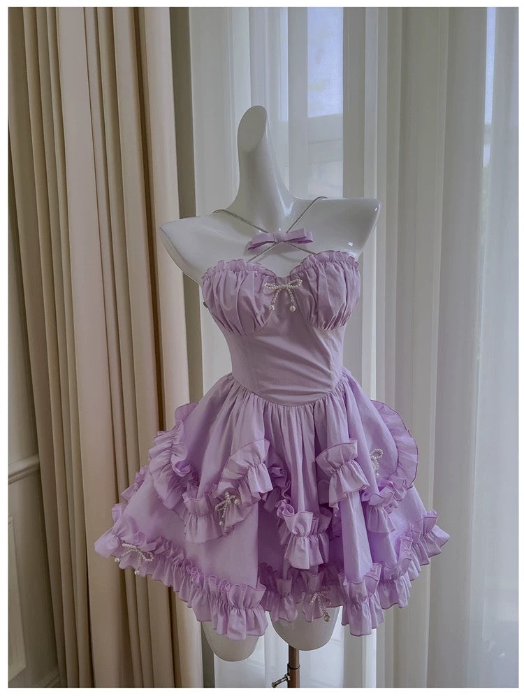 Sexy Ball Gown Halter Lilac Chiffon Short Homecoming Dresses Birthday Outfits C2249