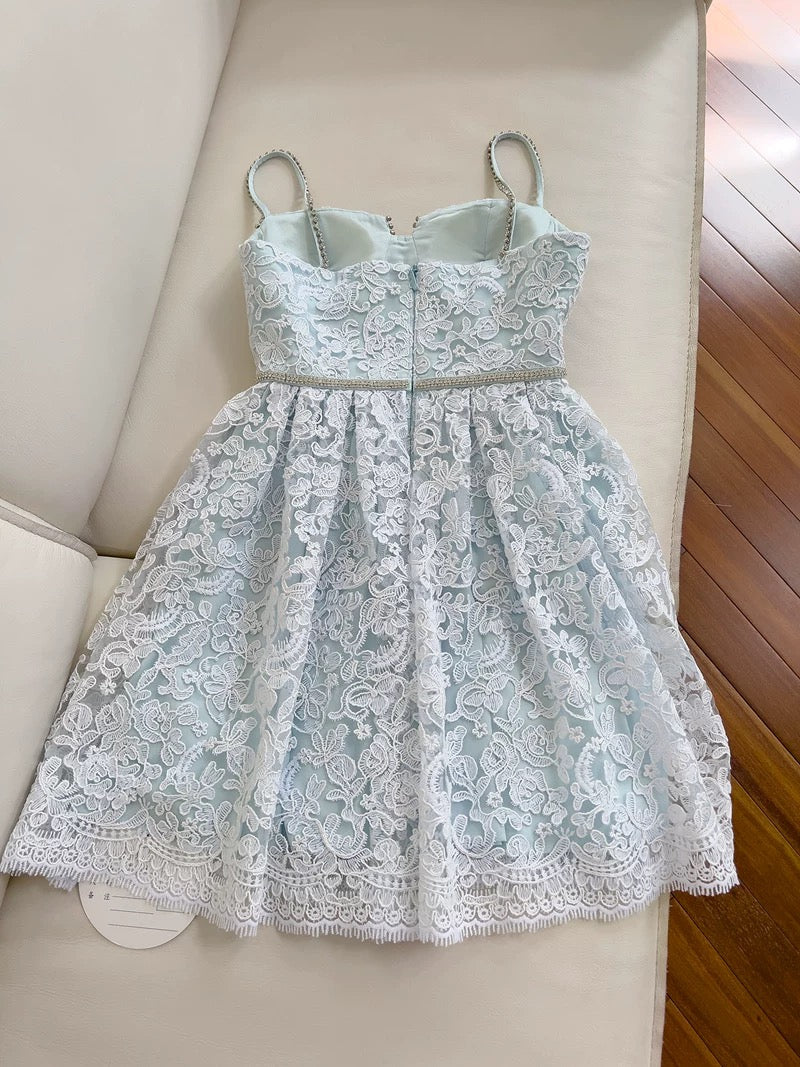 Modest A line Spaghetti Straps Light Skye Blue Lace Short Homecoming Dresses Birthday Outfit C2256