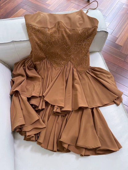 Modest A line Spaghetti Straps Brown Lace Short Homecoming Dresses Birthday Outfit C2257