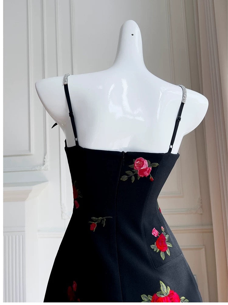 Simple A Line Spaghetti Straps Short Black Satin Floral Homecoming Dresses Birthday Outfit C2274