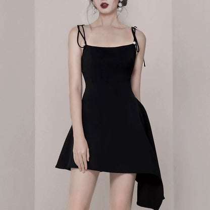 Simple A Line Spaghetti Straps Black Satin Homecoming Dresses Birthday Outfit C2278