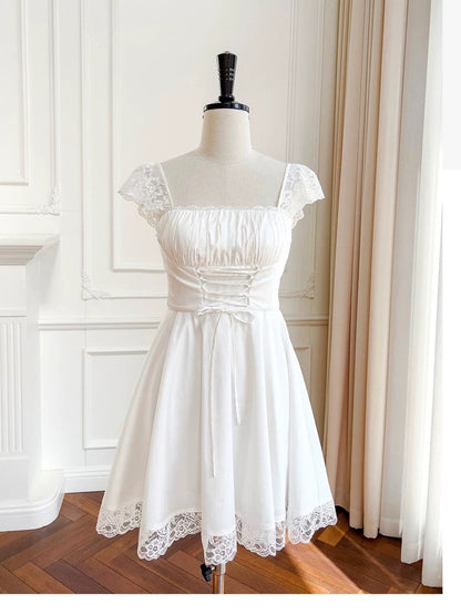 Simple A Line Straps Chiffon Short Lace White Homecoming Dresses Birthday Outfit C2280