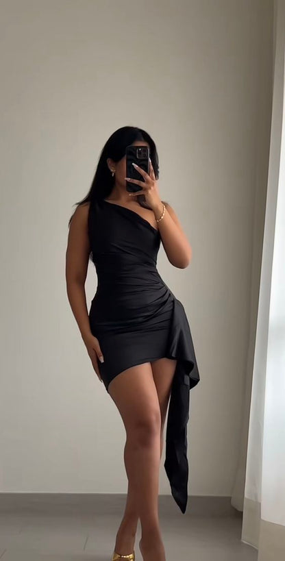 Simple Sheath One Shoulder Black Short Homecoming Dresses Birthday Outfit C2296