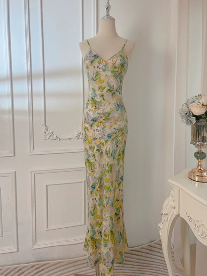 Modest Sheath Spaghetti Straps Green Floral Long Prom Dresses Evening Dress CC2324