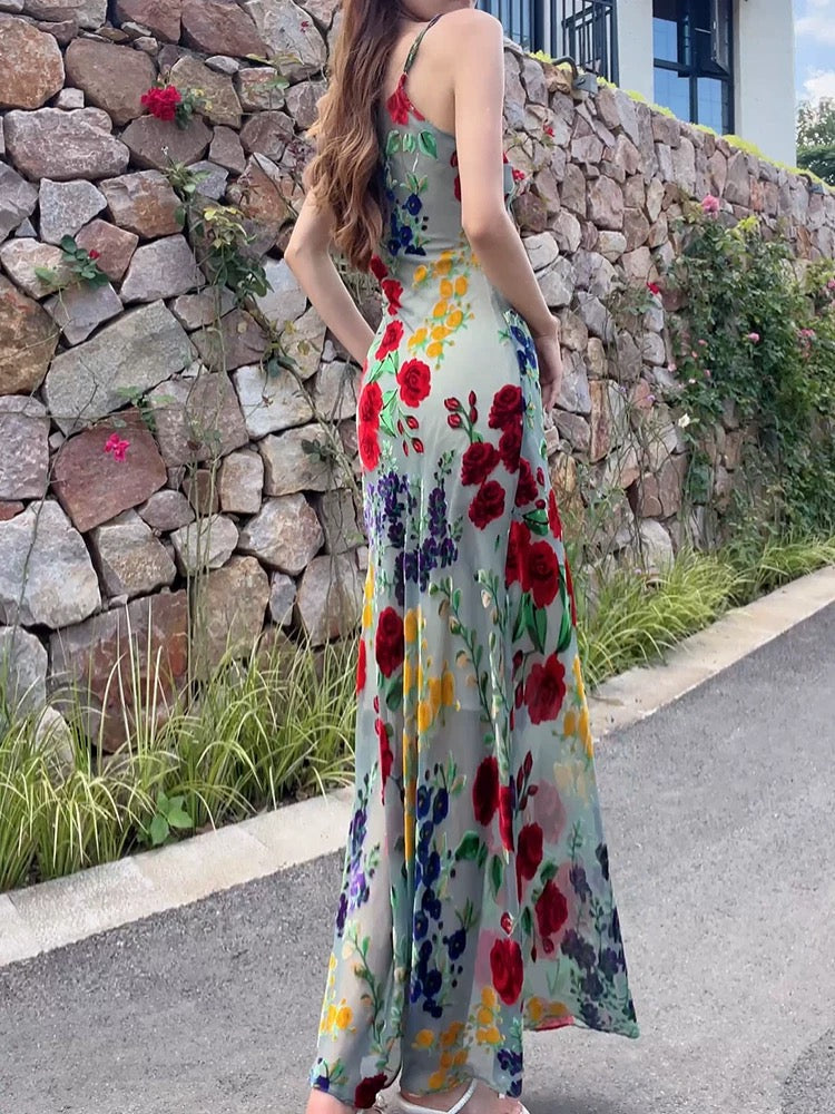 Modest Sheath Spaghetti Straps Floral Red Long Prom Dresses Evening Dress C2326