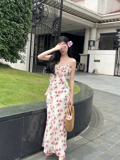 Modest Sheath Spaghetti Straps Pink Floral Chiffon Prom Dresses Ruffles Evening Dress C2329