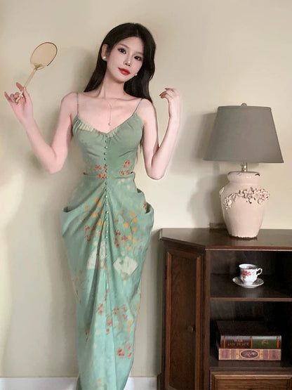 Modest Sheath Spaghetti Straps Green Floral Long Prom Dresses Backless Evening Dress C2337