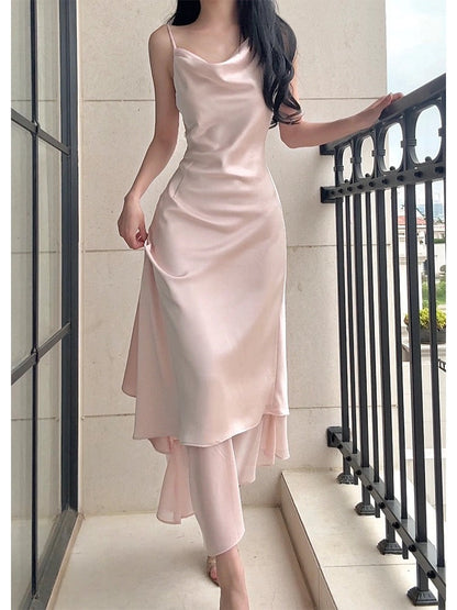 Pretty A Line Spaghetti Straps Silk Satin Pink Prom Dresses Sexy Evening Dress C2345