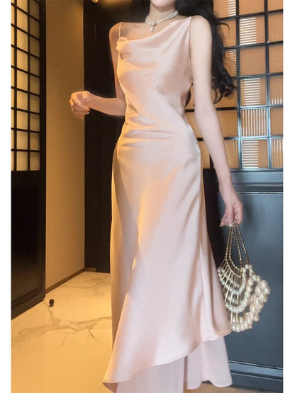 Pretty A Line Spaghetti Straps Silk Satin Pink Prom Dresses Sexy Evening Dress C2345