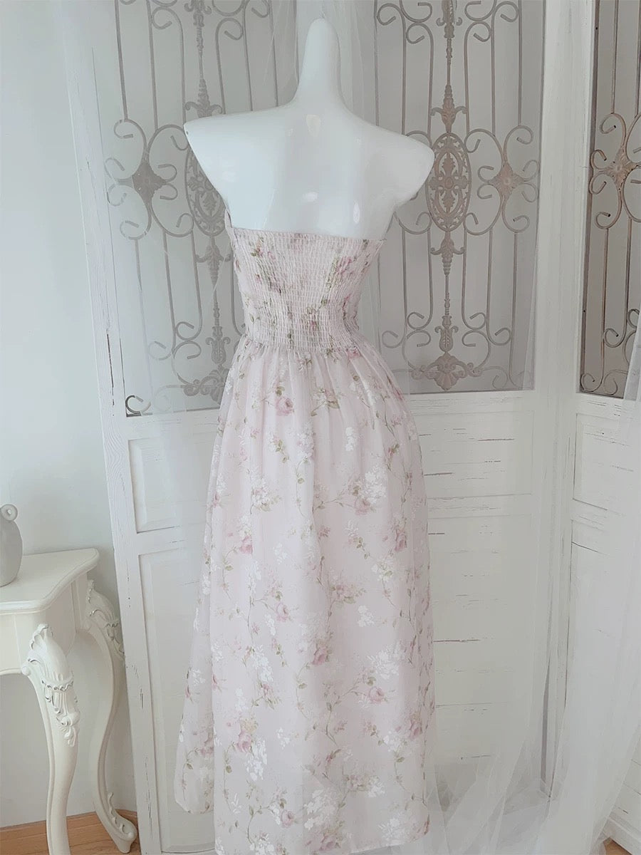 Pretty A Line Strapless Floral Pink Chiffon Prom Dresses Sexy Evening Dress C2346