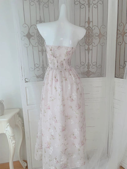 Pretty A Line Strapless Floral Pink Chiffon Prom Dresses Sexy Evening Dress C2346