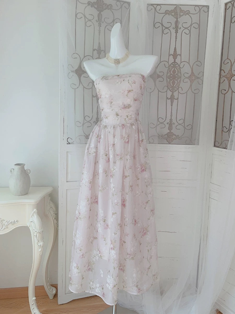 Pretty A Line Strapless Floral Pink Chiffon Prom Dresses Sexy Evening Dress C2346