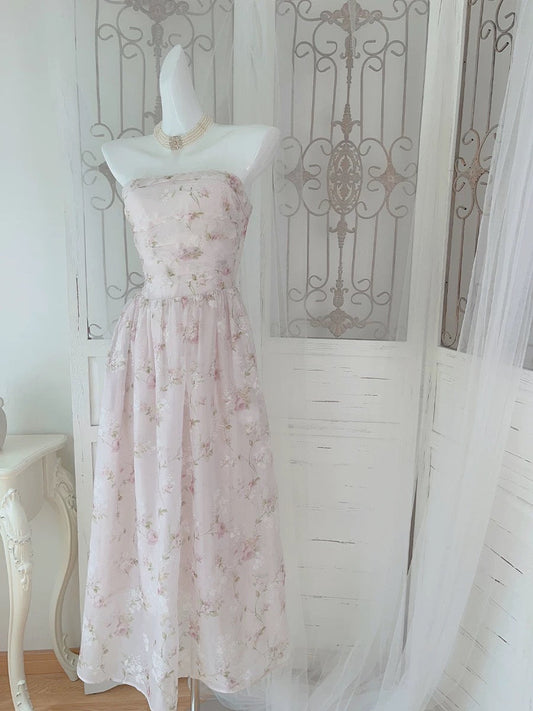 Pretty A Line Strapless Floral Pink Chiffon Prom Dresses Sexy Evening Dress C2346