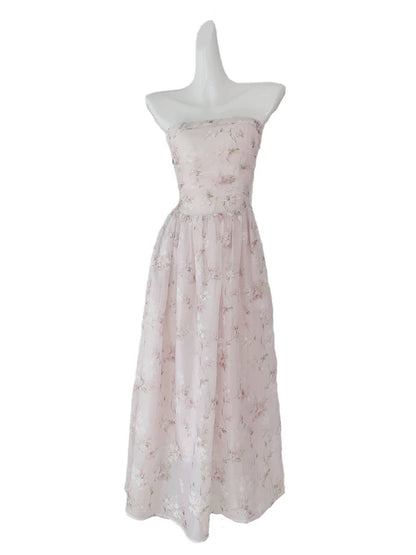 Pretty A Line Strapless Floral Pink Chiffon Prom Dresses Sexy Evening Dress C2346