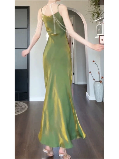 Pretty Sheath Spaghetti Straps Green Long Prom Dresses C2375