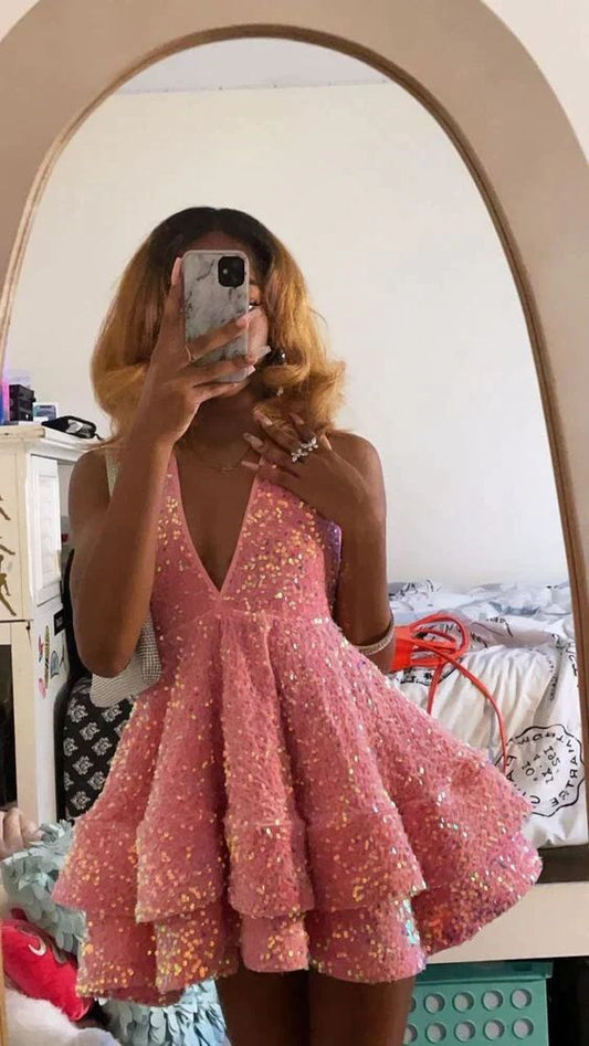 16th Birthday Outfit black Girl Hoco Dress Pink Sequin Homecoming Dresses C2435