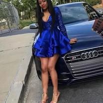 Long Sleeves V-Neck Lace Prom Dress Sequins Blue Short Homecoming Dresses C2441