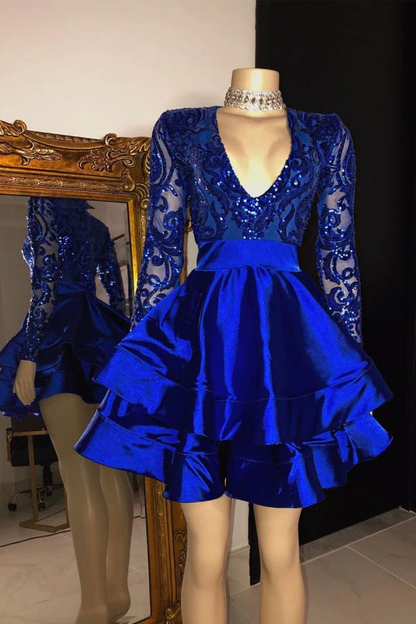 Long Sleeves V-Neck Lace Prom Dress Sequins Blue Short Homecoming Dresses C2441