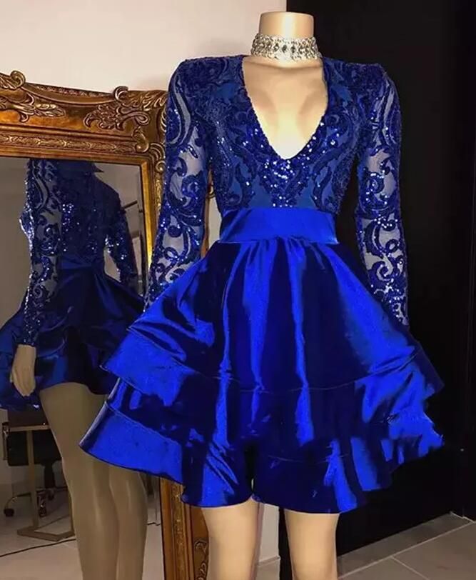 Long Sleeves V-Neck Lace Prom Dress Sequins Blue Short Homecoming Dresses C2441