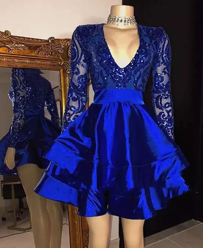 Long Sleeves V-Neck Lace Prom Dress Sequins Blue Short Homecoming Dresses C2441