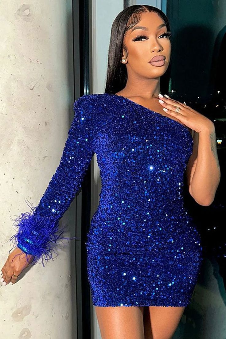 Sparkly One Shoulder Bodycon Velvet Feather Sequin Party Mini Dress Homecoming Dresses C2447