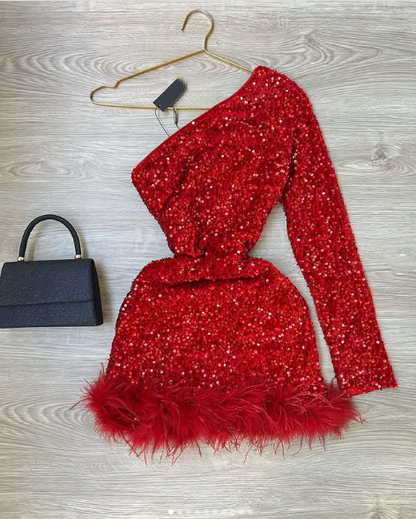 Sparkly One Shoulder Bodycon Velvet Feather Sequin Party Dress Red Homecoming Dresses C2448