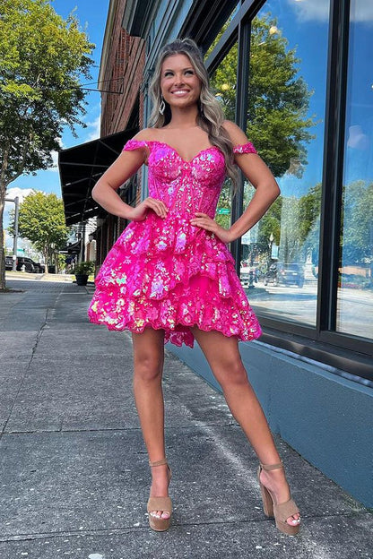 Pretty A-Line Off the Shoulder Hot Pink Sequin Lace Short Homecoming Dresses C2463