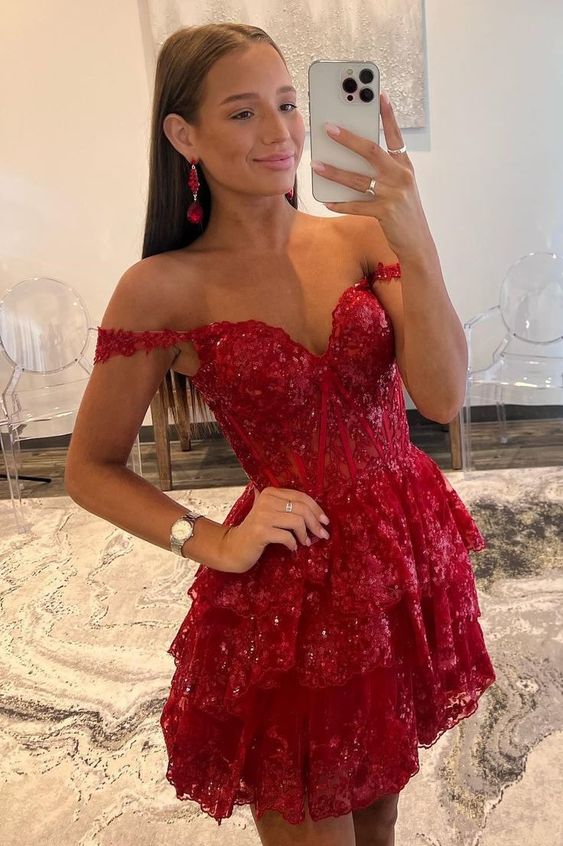 Sweet Lace Sequin Homecoming Dress Off The Shoulder Hoco Dress Red Ruffle Graduation Dresses C2516