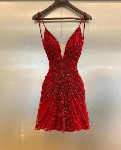 Luxury Red Beaded Homecoming Dresses Bodycon Mini Party Dress C2517