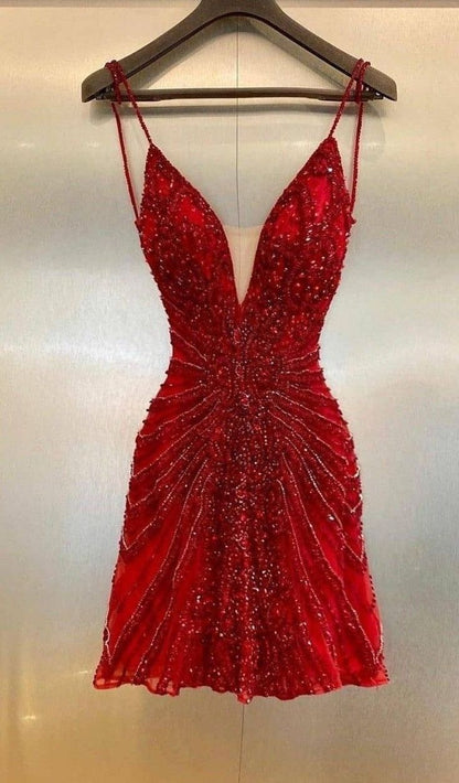 Luxury Red Beaded Homecoming Dresses Bodycon Mini Party Dress C2517