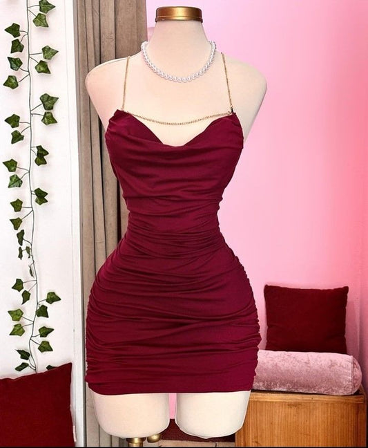 Simple Sheath Spaghetti Straps Burgundy Homecoming Dresses Short Cocktail Dress With Ruffles C2557