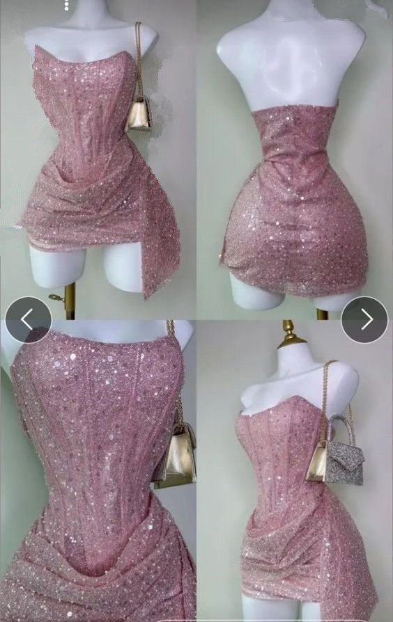 Cheap Sheath Strapless Pink Sequin Homecoming Dresses Short Birthday Dress C2563