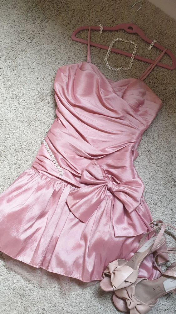 Cute A line Straps Pink Satin Homecoming Dresses Short Birthday Dress With Bow C2564