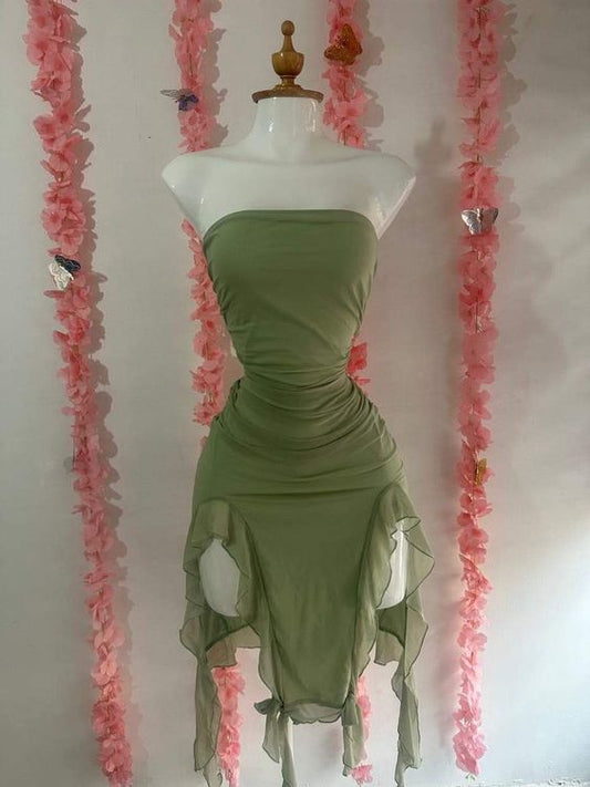 Cute Sheath Strapless Green Chiffon Homecoming Dresses Short Birthday Dress With Ruffles C2565