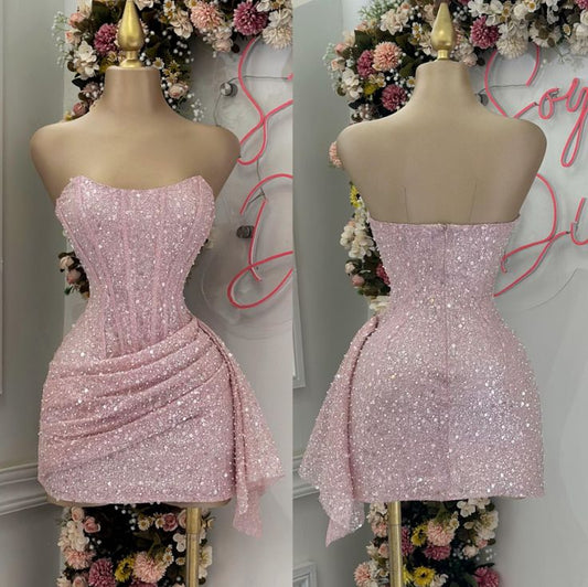 Cheap Sheath Strapless Pink Sequin Homecoming Dresses Short Birthday Outfits C2568