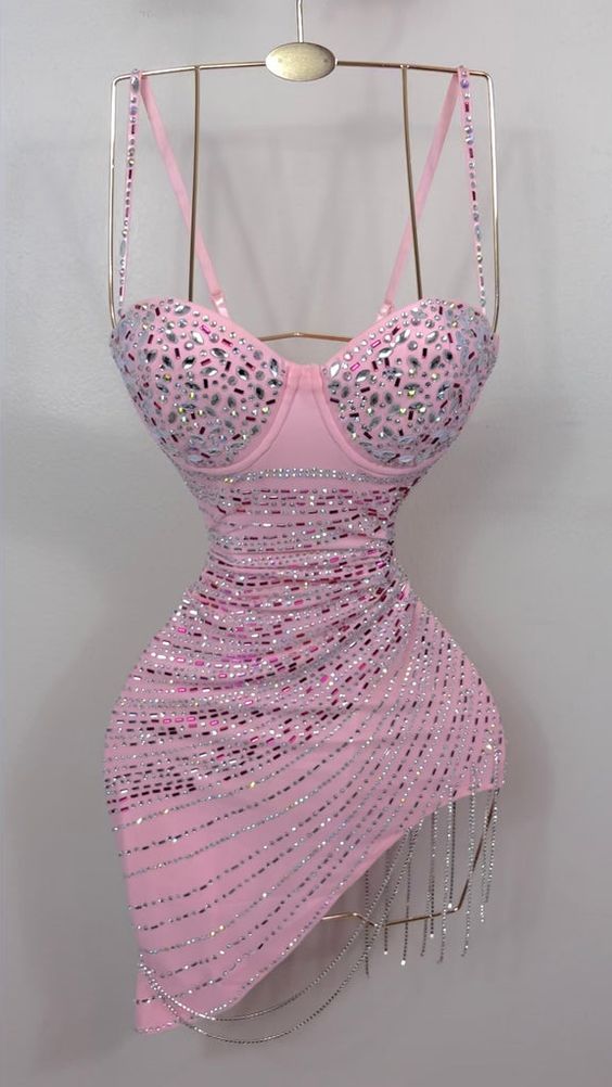 Sexy 18th Birthday Outfits Sheath Spaghetti Straps Pink Homecoming Dress Short Mini Party Dress With Beads C2577