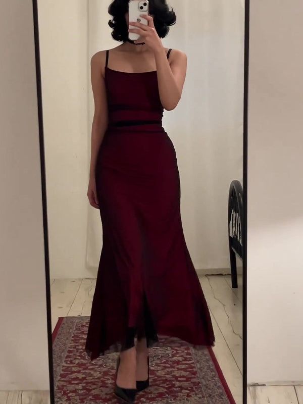 Fancy Sheath Straps Burgundy Black Long Prom Dresses C2581