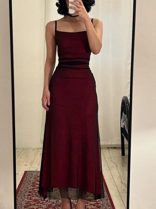 Fancy Sheath Straps Burgundy Black Long Prom Dresses C2581