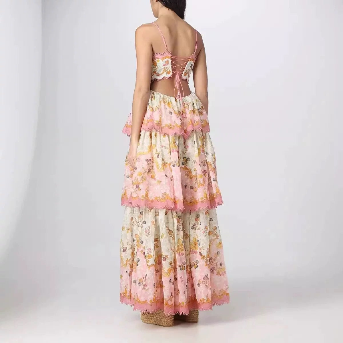 Pretty A line Spaghetti Straps Pink Floral Ruffles Backless Long Prom Dresses Evening Dress C2589