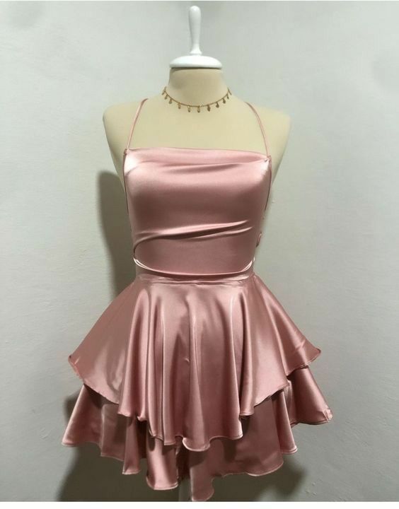 Simple A Line Spaghetti Straps Pink Birthday Outfits Satin Homecoming Dresses C2602