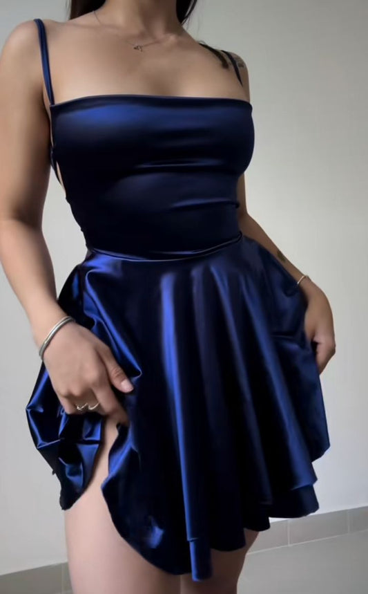 Simple A Line Spaghetti Straps Navy Blue Birthday Outfits Satin Homecoming Dresses C2603