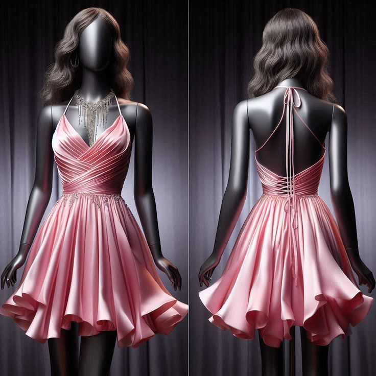 Simple A Line Halter Pink Short Birthday Outfits Satin Homecoming Dresses C2604