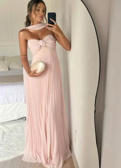 Classy A Line Strapless Light Pink Chiffon Long Prom Dresses Evening Dress With Ruffles C2646