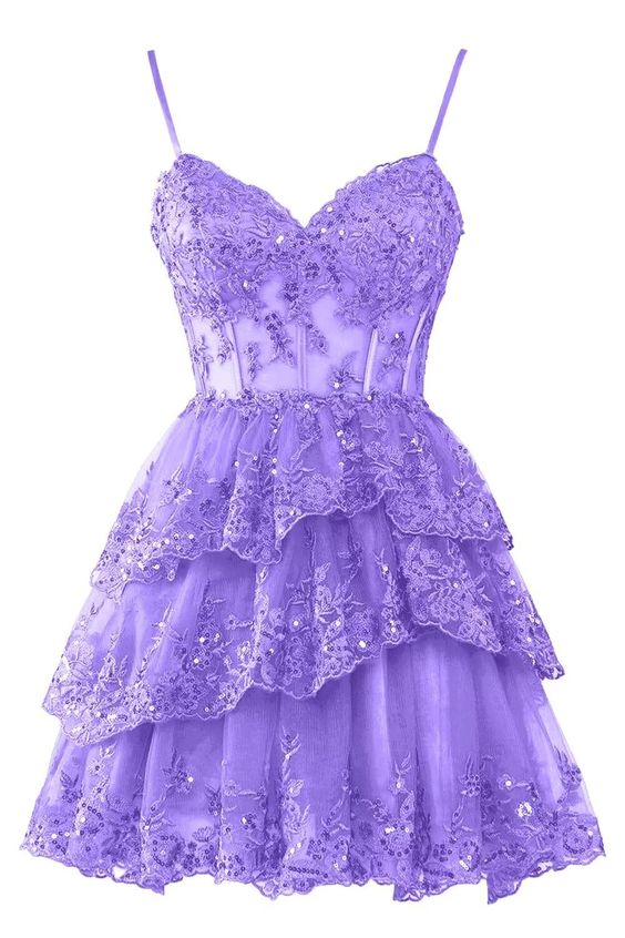 Homecoming Dresses for Teens Sparkly Tulle Lace Applique Tiered A-line Hoco Dress C2661