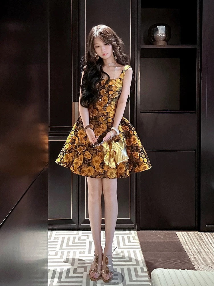 16th Birthday Ball Gown Straps Yellow Floral Homecoming Dresses Satin Short Mini Party Dress C2680