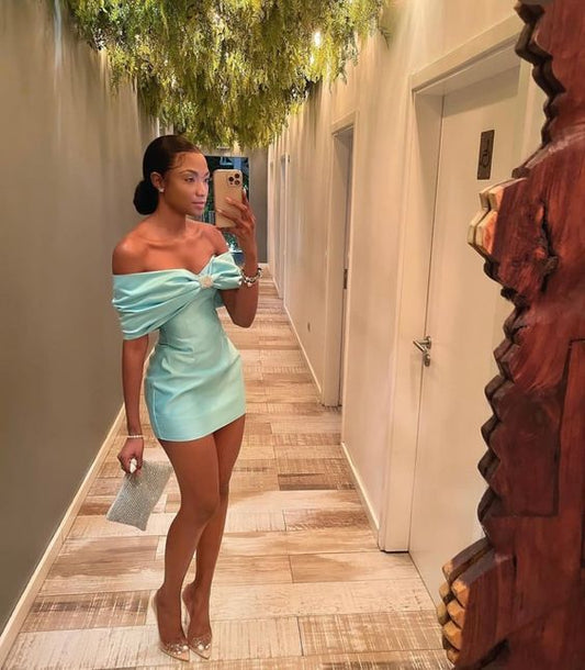 16th Birthday Off The Shoulder Homecoming Dresses Tiffany Blue Mini Bowknot Party Dress C2700