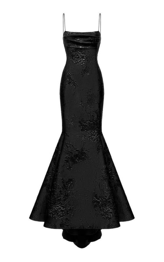 Modest Mermaid Spaghetti Straps Black Floral Satin Long Prom Dresses Evening Dress C2826