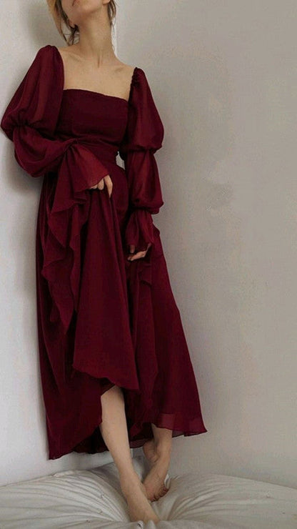 Elegant A Line Square Neckline Burgundy Chiffon Prom Dresses Long Sleeves Evening Dress C2884