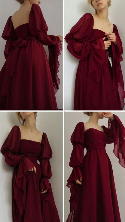 Elegant A Line Square Neckline Burgundy Chiffon Prom Dresses Long Sleeves Evening Dress C2884