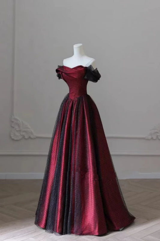 Elegant A Line Off The Shoulder Burgundy Tulle Prom Dresses With Ruffle Long Evening Dress C2893